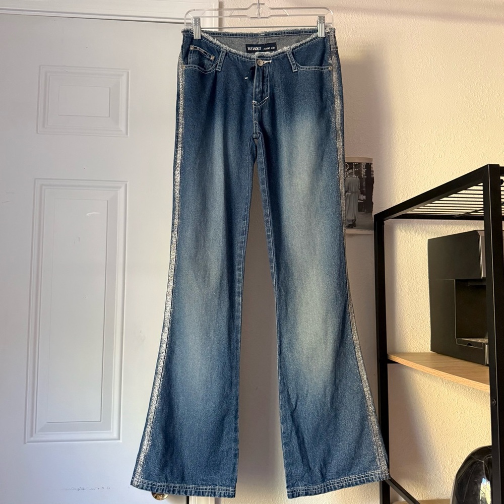 REVOLT y2k blue‎ faded cotton denim glitter metallic striped boot cut jeans